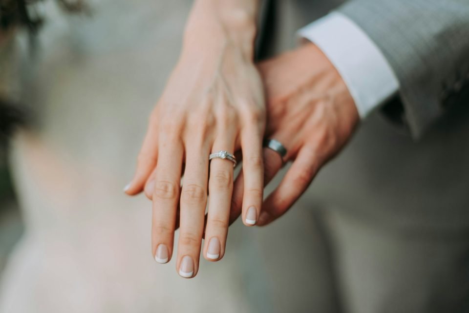 Two hands with wedding rings, resting together